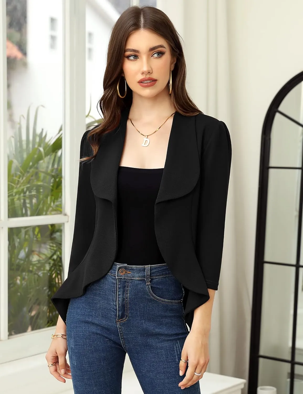 KOJOOIN Women's Business Casual Blazer 3/4 Sleeve Dressy Open Front Work Office Cardigan Cropped Suit Jacket