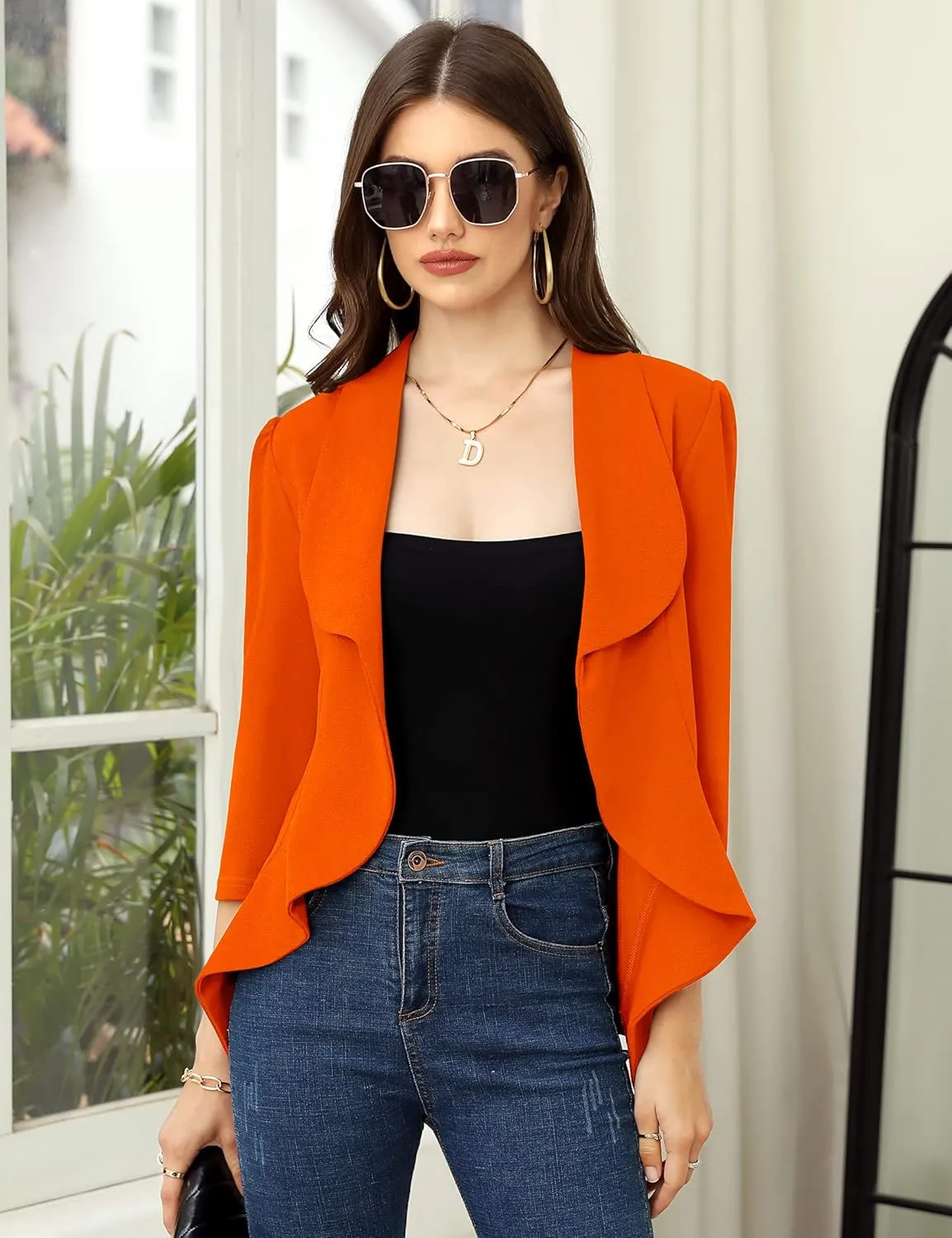 KOJOOIN Women's Business Casual Blazer 3/4 Sleeve Dressy Open Front Work Office Cardigan Cropped Suit Jacket
