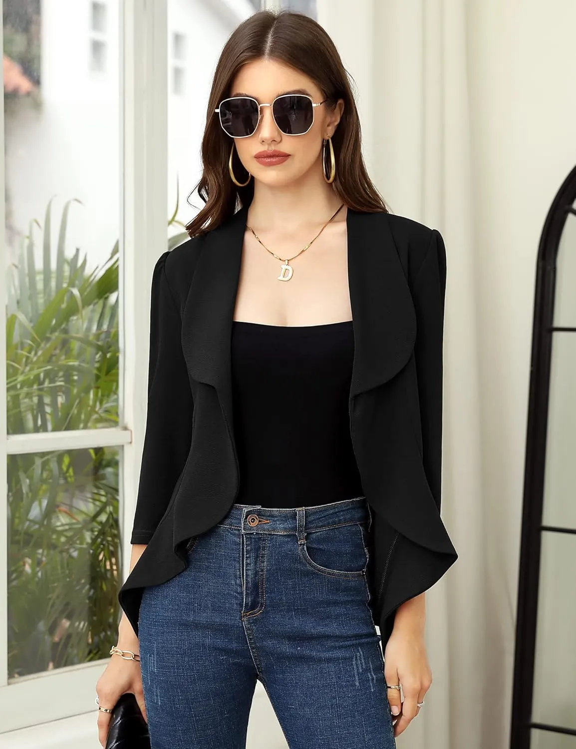 KOJOOIN Women's Business Casual Blazer 3/4 Sleeve Dressy Open Front Work Office Cardigan Cropped Suit Jacket