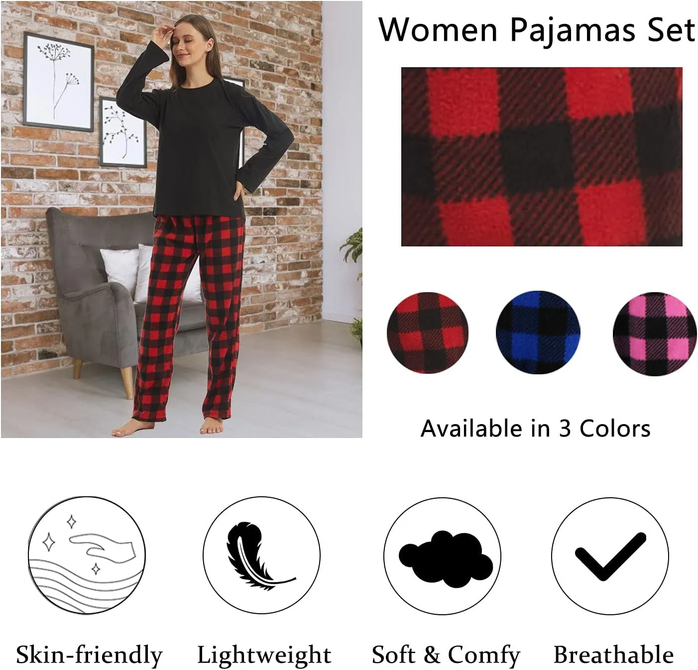 LANBAOSI Christmas Pajama Pants for Women Fuzzy Pack Long Fleece Buffalo Plaid Pj Bottoms Soft Drawstring Lounge Sleepwear
