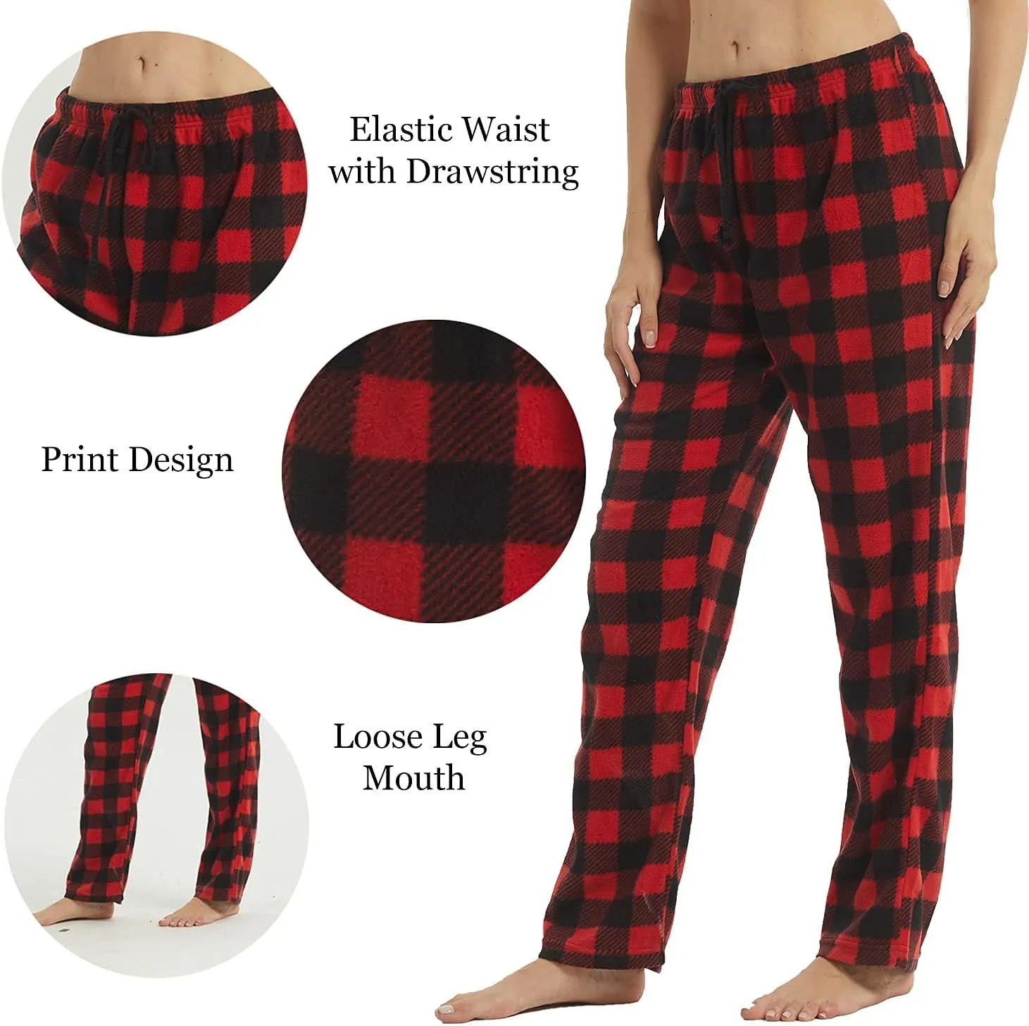 LANBAOSI Christmas Pajama Pants for Women Fuzzy Pack Long Fleece Buffalo Plaid Pj Bottoms Soft Drawstring Lounge Sleepwear