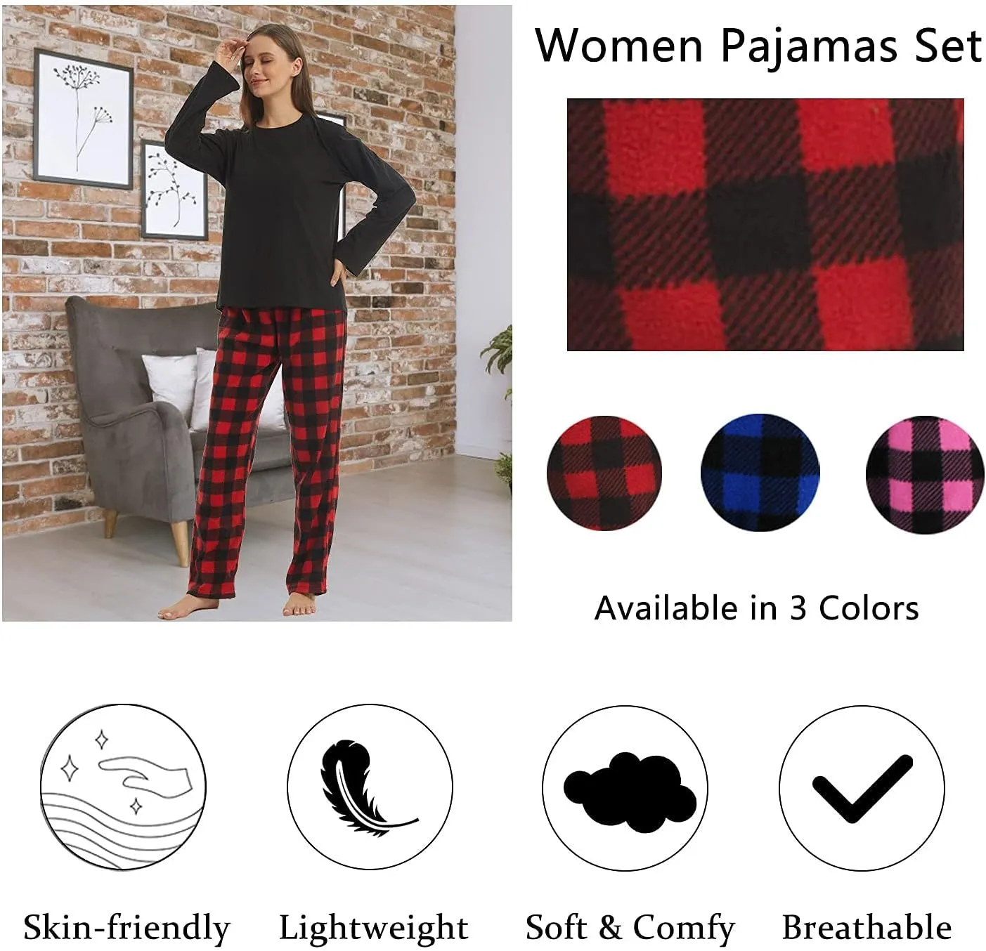 LANBAOSI Christmas Pajama Pants for Women Fuzzy Pack Long Fleece Buffalo Plaid Pj Bottoms Soft Drawstring Lounge Sleepwear