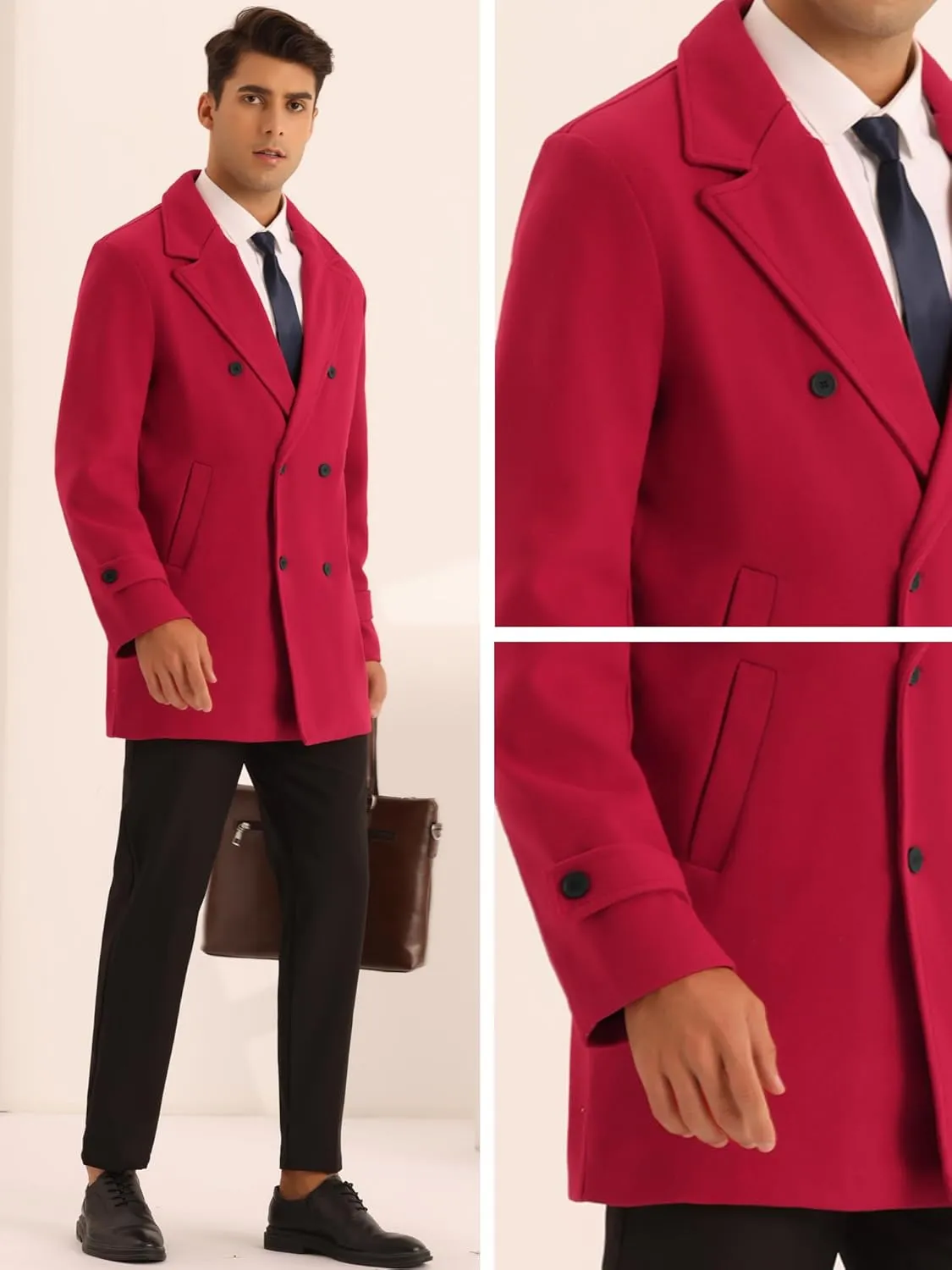 Lars Amadeus Formal Overcoat for Men's Notched Lapel Solid Color Double Breasted Trench Coat