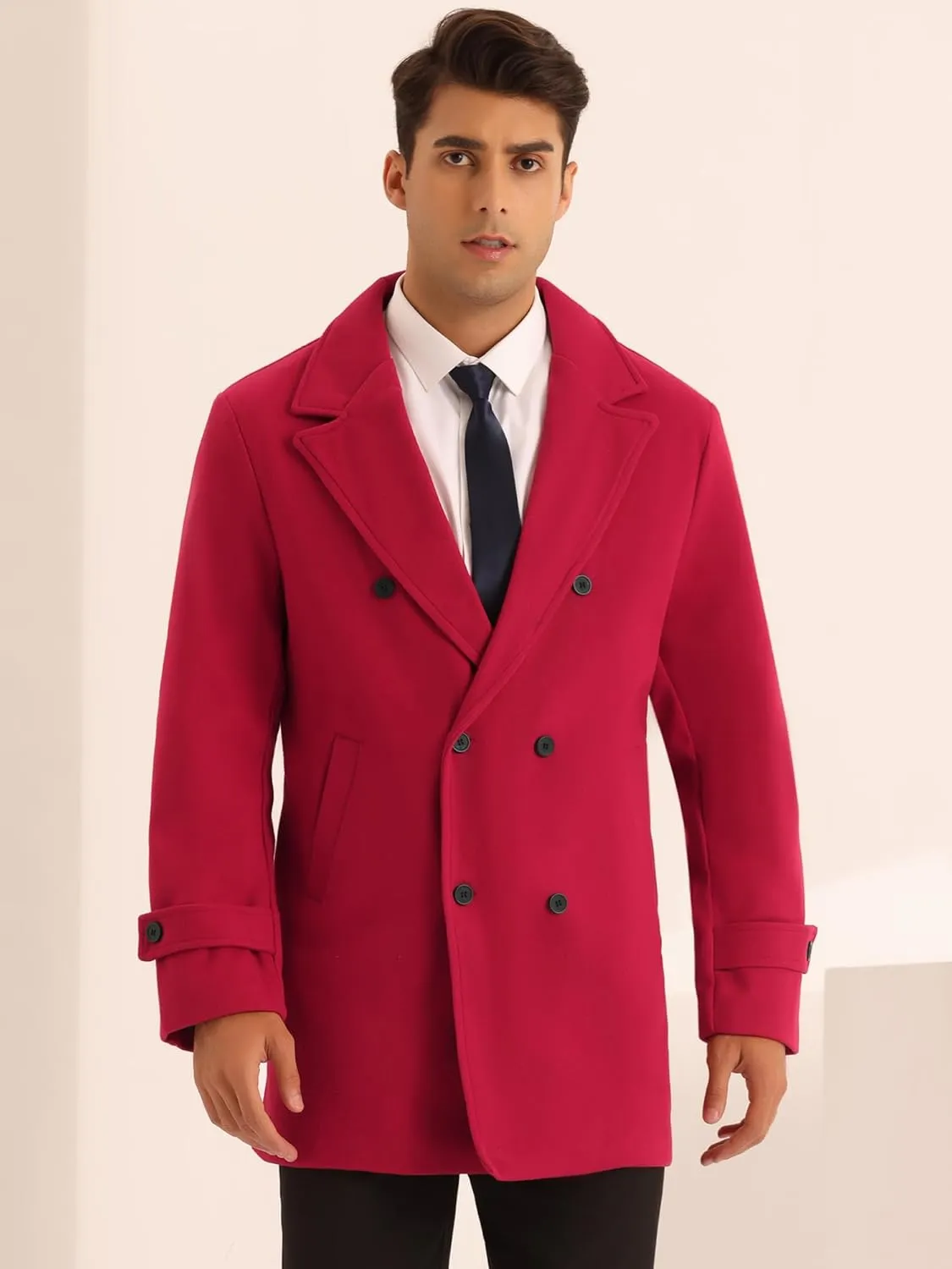 Lars Amadeus Formal Overcoat for Men's Notched Lapel Solid Color Double Breasted Trench Coat