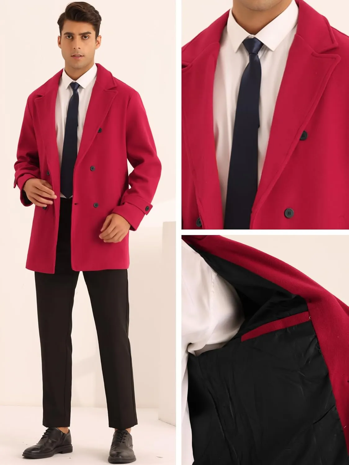 Lars Amadeus Formal Overcoat for Men's Notched Lapel Solid Color Double Breasted Trench Coat