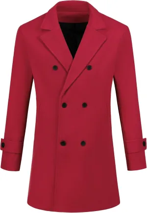 Lars Amadeus Formal Overcoat for Men's Notched Lapel Solid Color Double Breasted Trench Coat