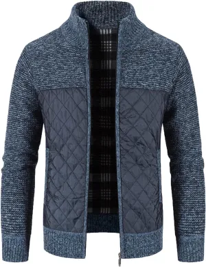 LCMTWX Men's Thick Thermal Winter Jacket Stand Collar Knitted Splice Sweater Coat Casual Cardigan Stylish Mens Puffer