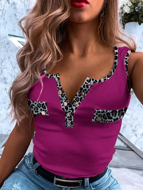 Leopard Button V Neck Tops