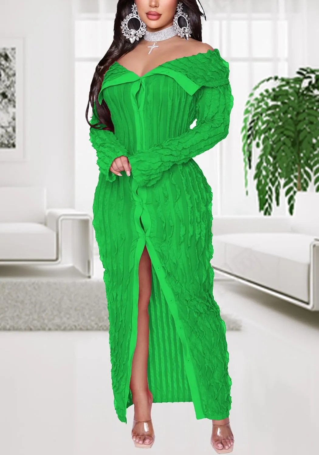 LETSVDO Women's Maxi Off Shoulder Dress Long Sleeve Button Down Ruffle Mesh Bodycon Sexy Dresses Stretchy