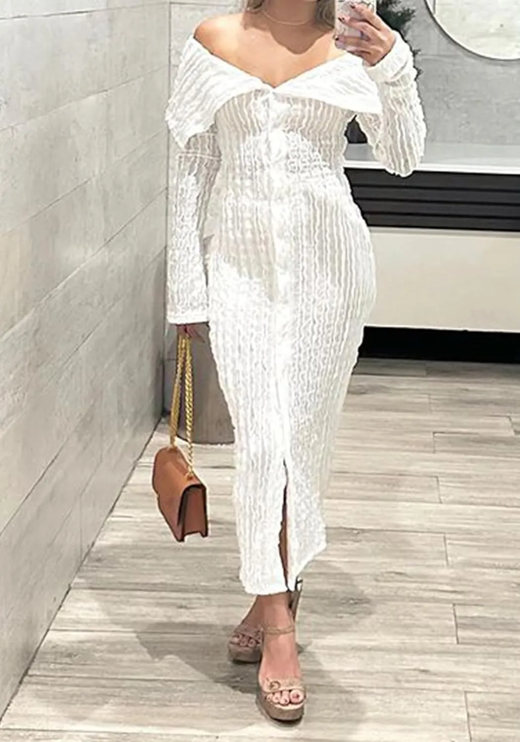 LETSVDO Women's Maxi Off Shoulder Dress Long Sleeve Button Down Ruffle Mesh Bodycon Sexy Dresses Stretchy