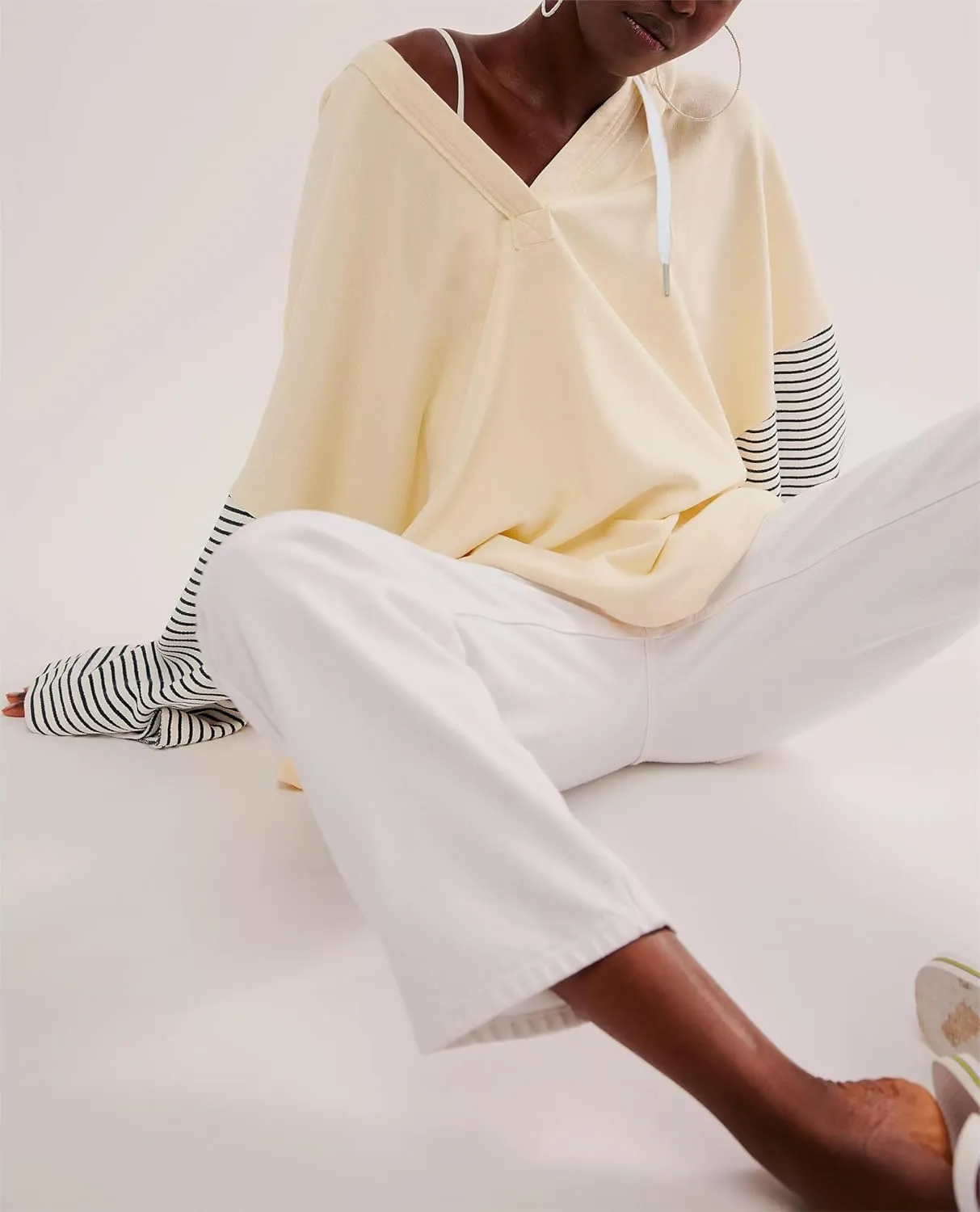 LifeShe Womens Striped Oversized Sweatshirts Long Sleeve V Neck Pullover Hoodies