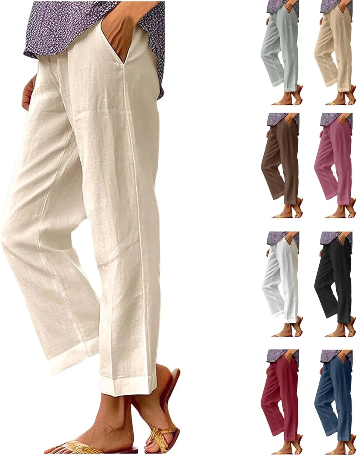 Linen Capri Pants for Women High Waisted Wide Leg Lounge Pant Comfy Soft Trousers Casual Resort Wear