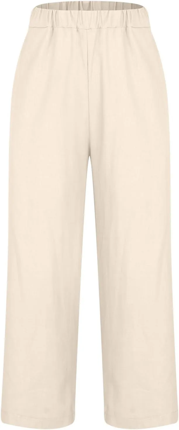 Linen Capri Pants for Women High Waisted Wide Leg Lounge Pant Comfy Soft Trousers Casual Resort Wear