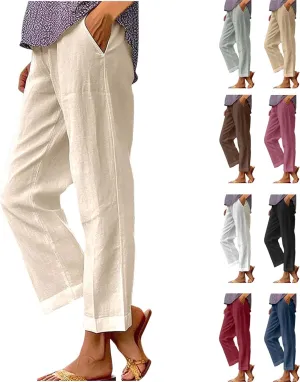 Linen Capri Pants for Women High Waisted Wide Leg Lounge Pant Comfy Soft Trousers Casual Resort Wear