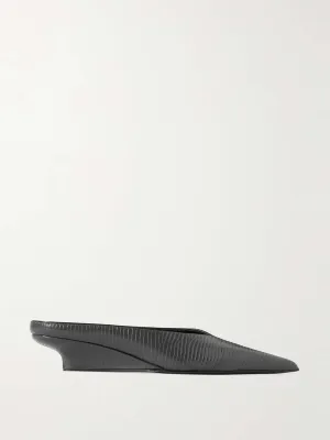 Lizard-effect leather wedge mules