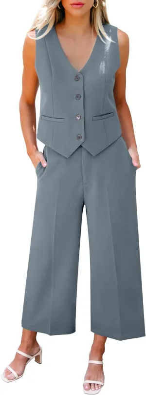 LookbookStore Pant Suits for Women Dressy Two Piece Business Casual Outfits Sleeveless Blazer Summer Vest and Pants Sets