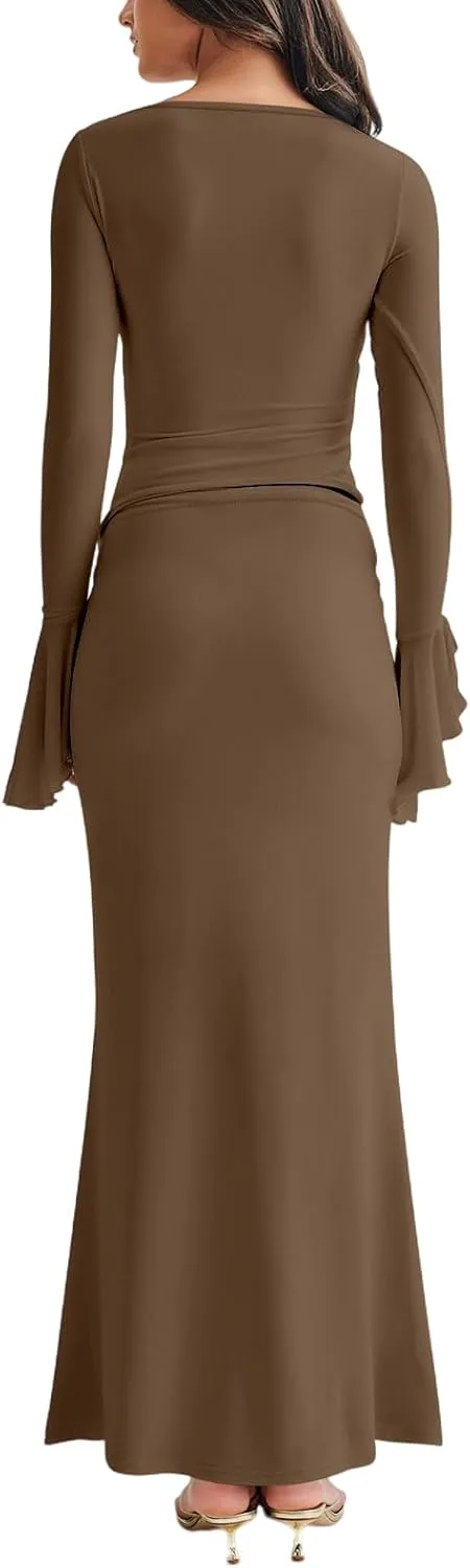 Lrady Womens 2 Piece Sets Long Sleeve Crewneck Cropped Top Slim High Waist Party Maxi Pencil Skirts Long Dress Outfits