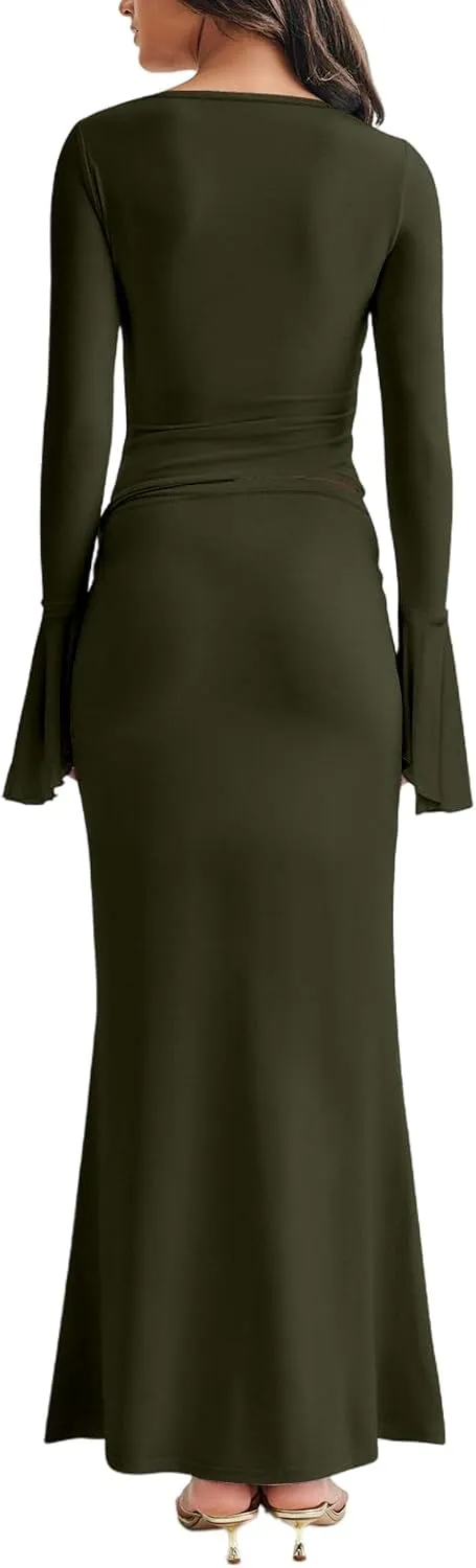 Lrady Womens 2 Piece Sets Long Sleeve Crewneck Cropped Top Slim High Waist Party Maxi Pencil Skirts Long Dress Outfits