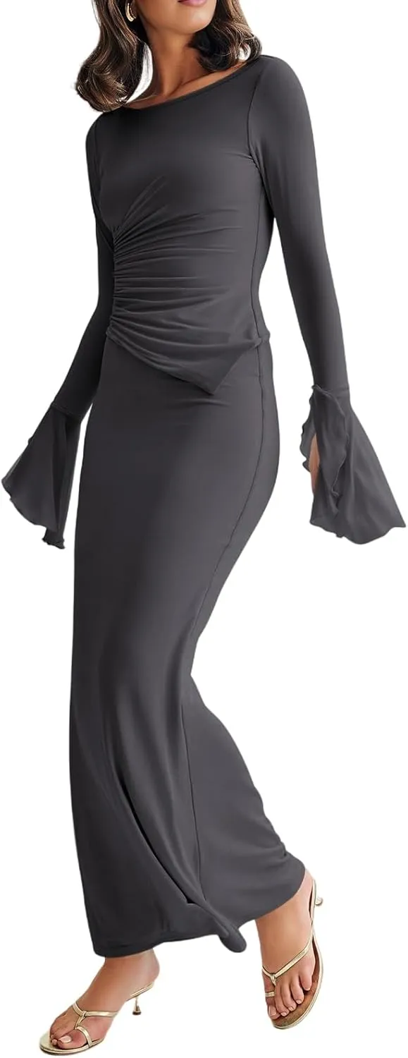 Lrady Womens 2 Piece Sets Long Sleeve Crewneck Cropped Top Slim High Waist Party Maxi Pencil Skirts Long Dress Outfits