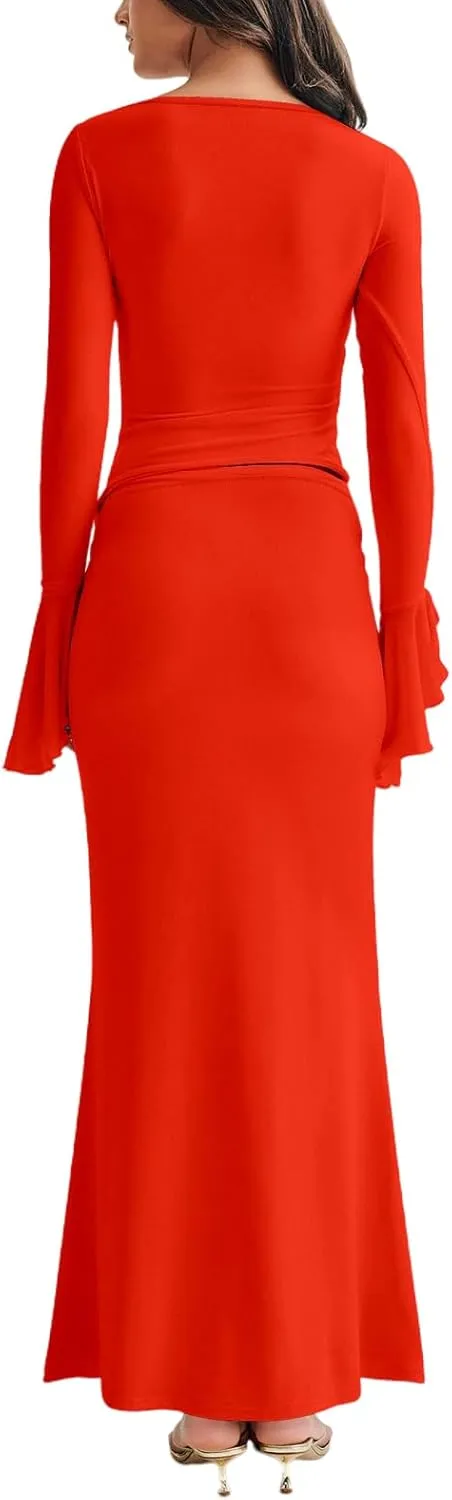 Lrady Womens 2 Piece Sets Long Sleeve Crewneck Cropped Top Slim High Waist Party Maxi Pencil Skirts Long Dress Outfits