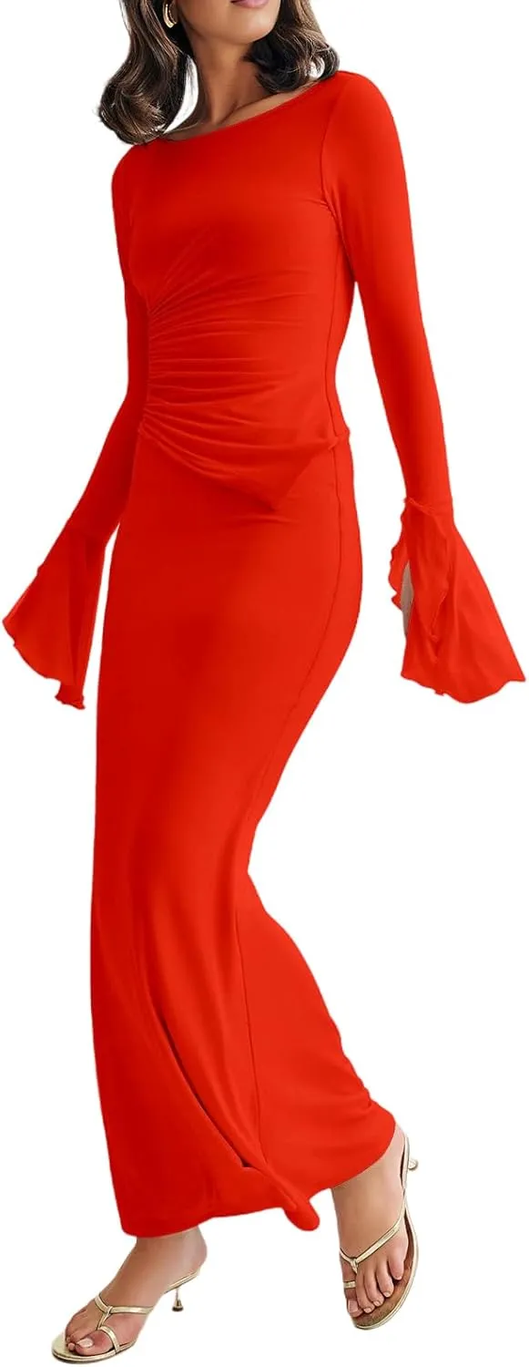 Lrady Womens 2 Piece Sets Long Sleeve Crewneck Cropped Top Slim High Waist Party Maxi Pencil Skirts Long Dress Outfits
