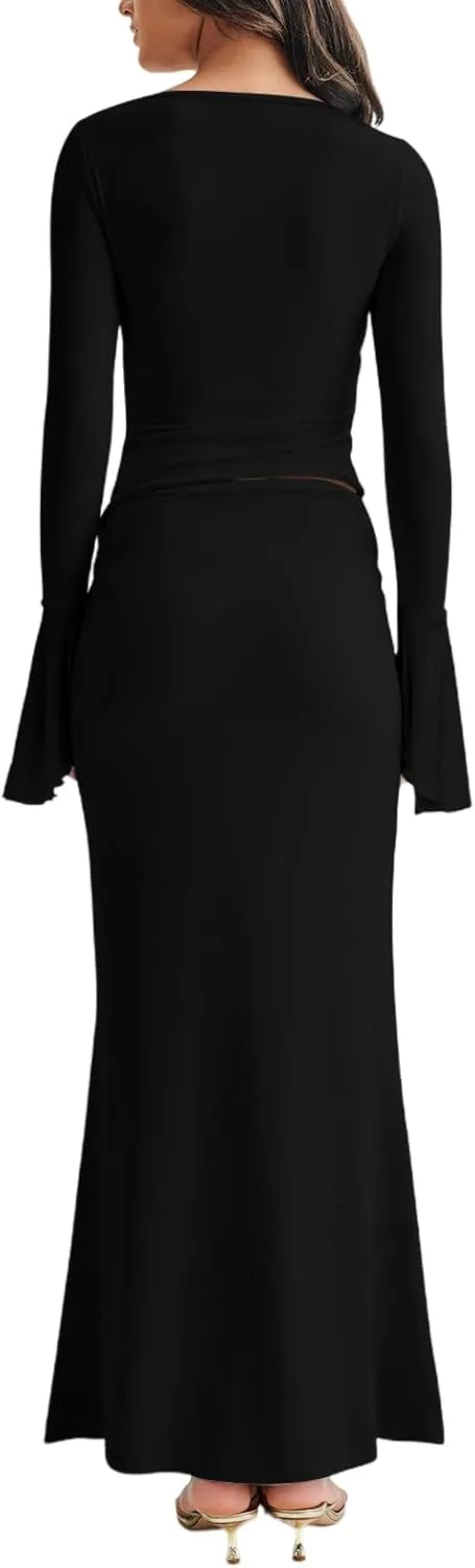 Lrady Womens 2 Piece Sets Long Sleeve Crewneck Cropped Top Slim High Waist Party Maxi Pencil Skirts Long Dress Outfits