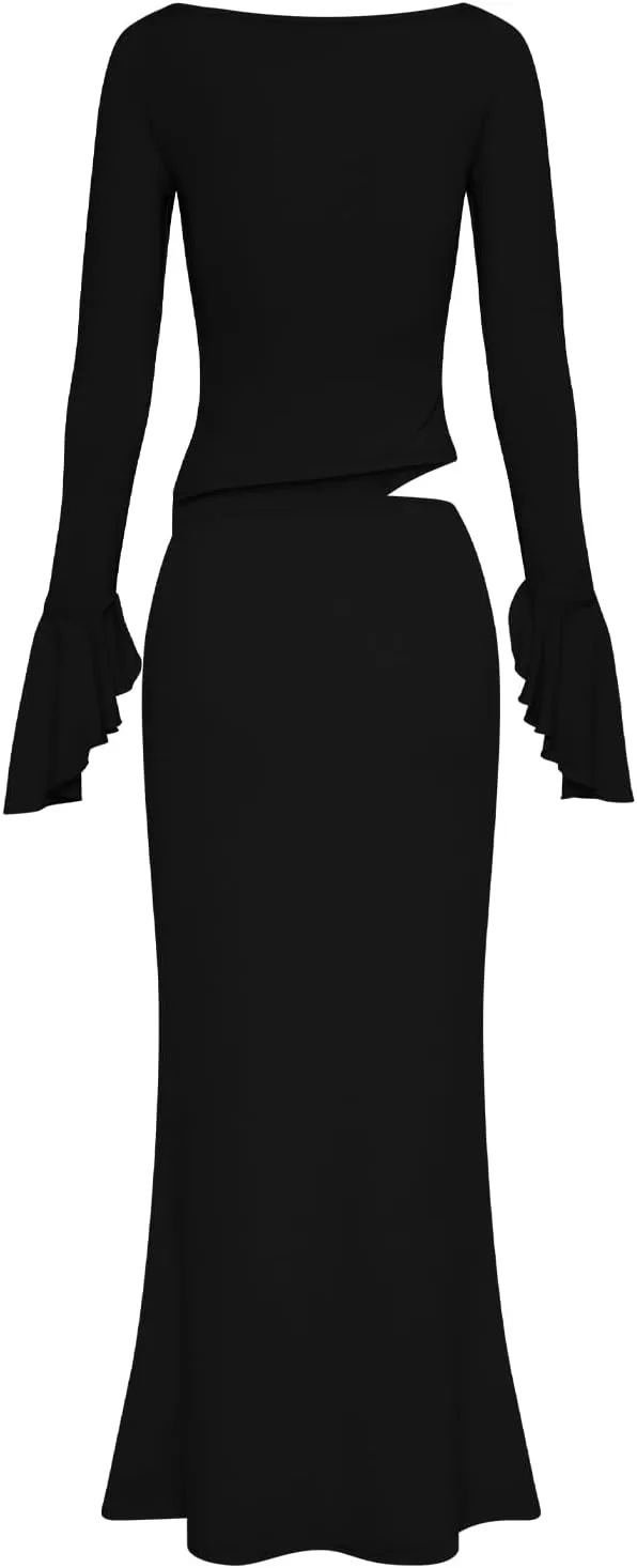 Lrady Womens 2 Piece Sets Long Sleeve Crewneck Cropped Top Slim High Waist Party Maxi Pencil Skirts Long Dress Outfits