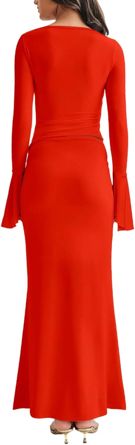 Lrady Womens 2 Piece Sets Long Sleeve Crewneck Cropped Top Slim High Waist Party Maxi Pencil Skirts Long Dress Outfits