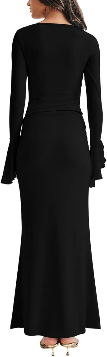 Lrady Womens 2 Piece Sets Long Sleeve Crewneck Cropped Top Slim High Waist Party Maxi Pencil Skirts Long Dress Outfits
