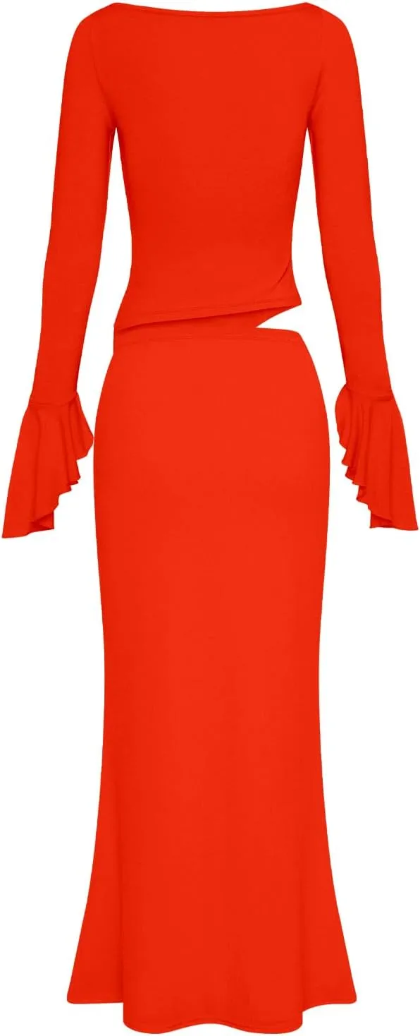 Lrady Womens 2 Piece Sets Long Sleeve Crewneck Cropped Top Slim High Waist Party Maxi Pencil Skirts Long Dress Outfits