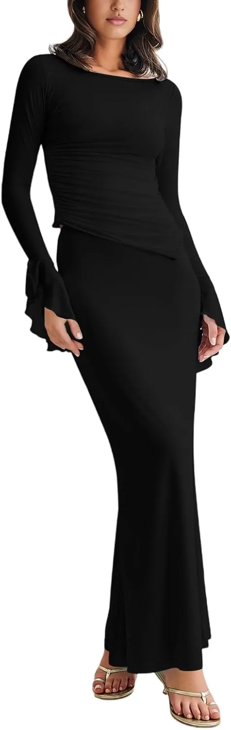 Lrady Womens 2 Piece Sets Long Sleeve Crewneck Cropped Top Slim High Waist Party Maxi Pencil Skirts Long Dress Outfits