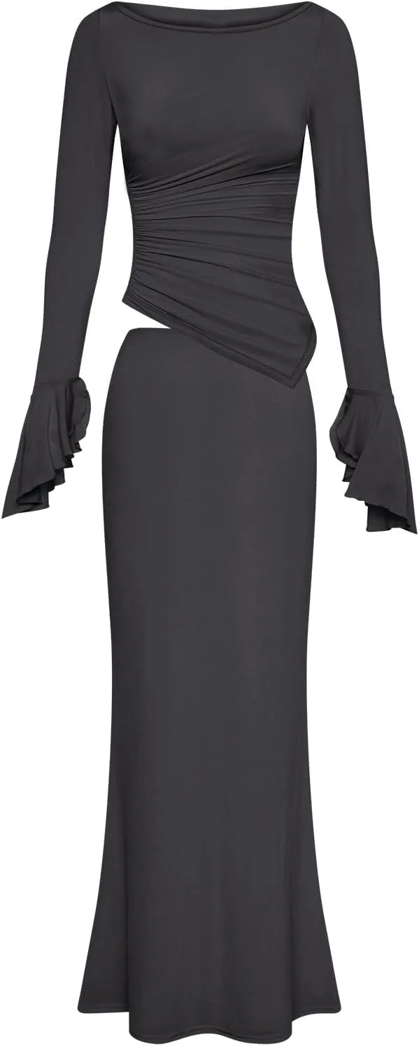 Lrady Womens 2 Piece Sets Long Sleeve Crewneck Cropped Top Slim High Waist Party Maxi Pencil Skirts Long Dress Outfits