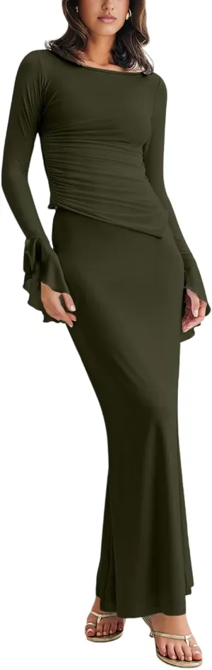 Lrady Womens 2 Piece Sets Long Sleeve Crewneck Cropped Top Slim High Waist Party Maxi Pencil Skirts Long Dress Outfits