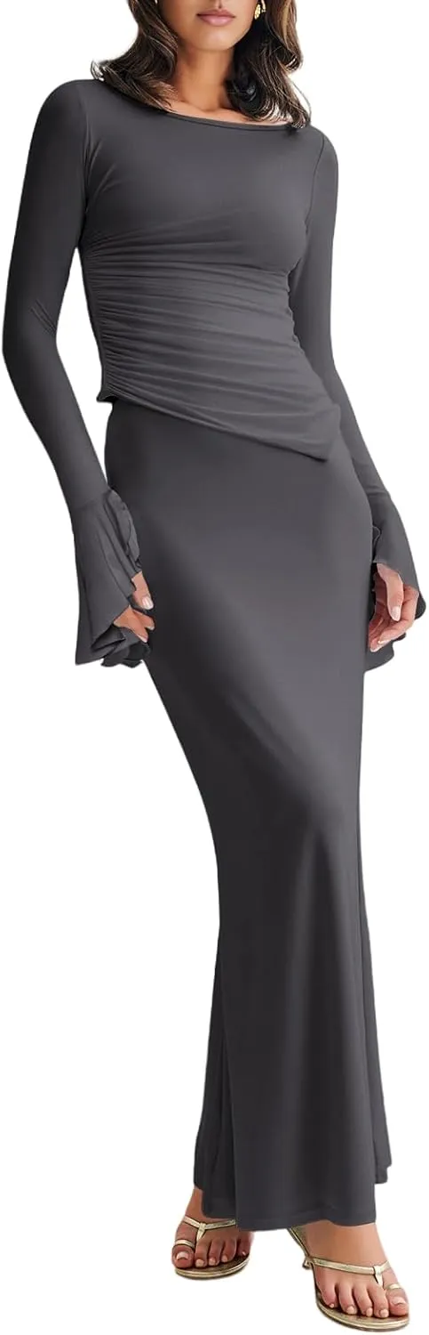Lrady Womens 2 Piece Sets Long Sleeve Crewneck Cropped Top Slim High Waist Party Maxi Pencil Skirts Long Dress Outfits