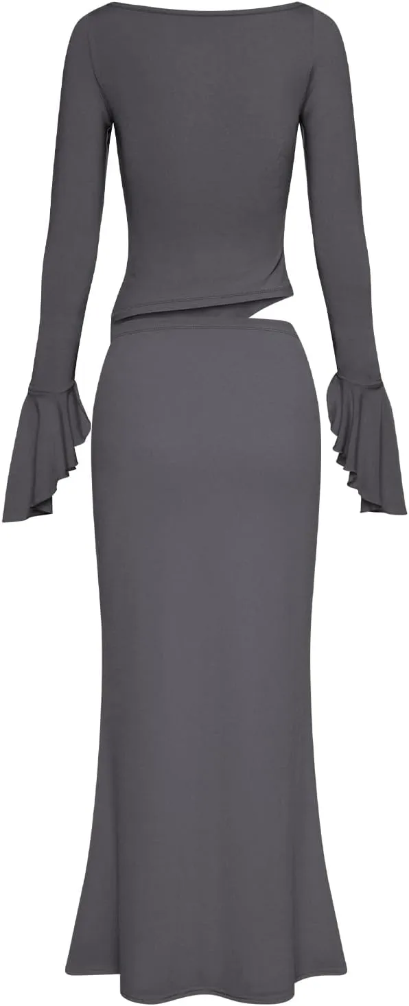 Lrady Womens 2 Piece Sets Long Sleeve Crewneck Cropped Top Slim High Waist Party Maxi Pencil Skirts Long Dress Outfits
