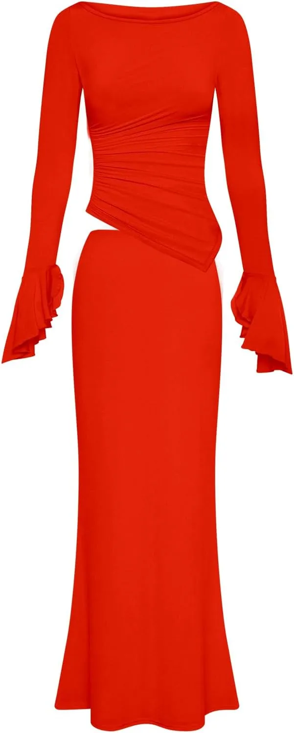 Lrady Womens 2 Piece Sets Long Sleeve Crewneck Cropped Top Slim High Waist Party Maxi Pencil Skirts Long Dress Outfits