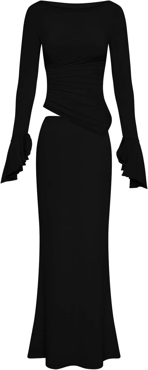 Lrady Womens 2 Piece Sets Long Sleeve Crewneck Cropped Top Slim High Waist Party Maxi Pencil Skirts Long Dress Outfits