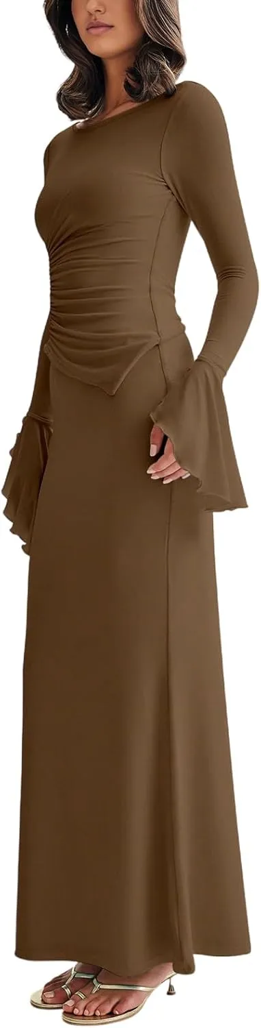 Lrady Womens 2 Piece Sets Long Sleeve Crewneck Cropped Top Slim High Waist Party Maxi Pencil Skirts Long Dress Outfits