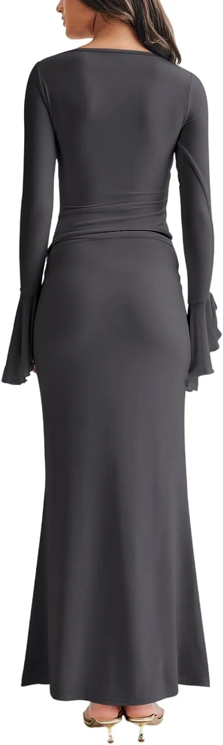 Lrady Womens 2 Piece Sets Long Sleeve Crewneck Cropped Top Slim High Waist Party Maxi Pencil Skirts Long Dress Outfits