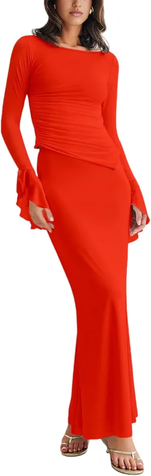 Lrady Womens 2 Piece Sets Long Sleeve Crewneck Cropped Top Slim High Waist Party Maxi Pencil Skirts Long Dress Outfits
