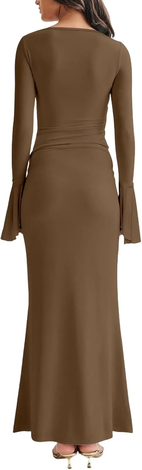 Lrady Womens 2 Piece Sets Long Sleeve Crewneck Cropped Top Slim High Waist Party Maxi Pencil Skirts Long Dress Outfits