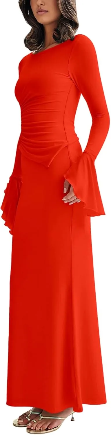 Lrady Womens 2 Piece Sets Long Sleeve Crewneck Cropped Top Slim High Waist Party Maxi Pencil Skirts Long Dress Outfits