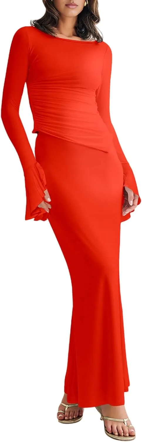 Lrady Womens 2 Piece Sets Long Sleeve Crewneck Cropped Top Slim High Waist Party Maxi Pencil Skirts Long Dress Outfits