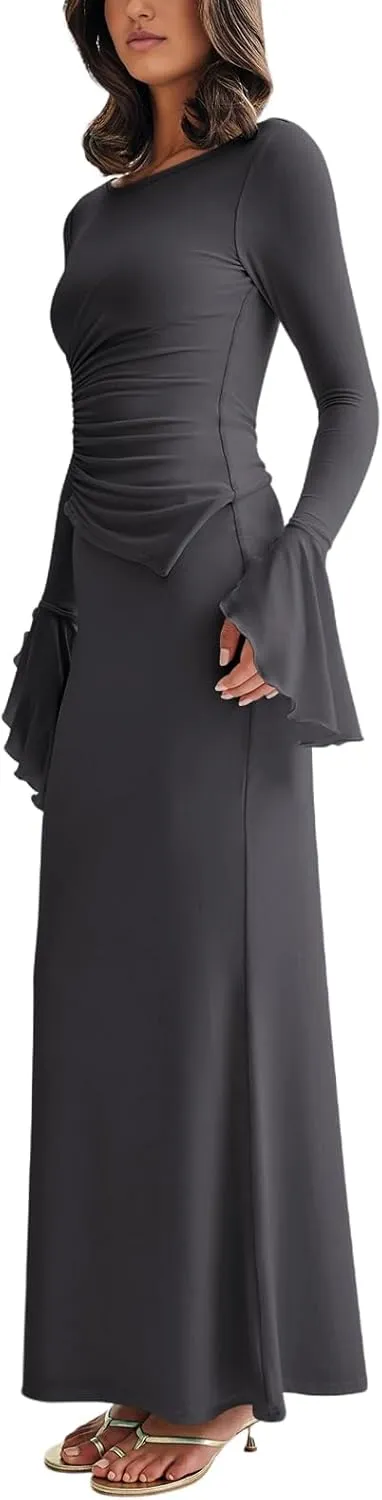 Lrady Womens 2 Piece Sets Long Sleeve Crewneck Cropped Top Slim High Waist Party Maxi Pencil Skirts Long Dress Outfits