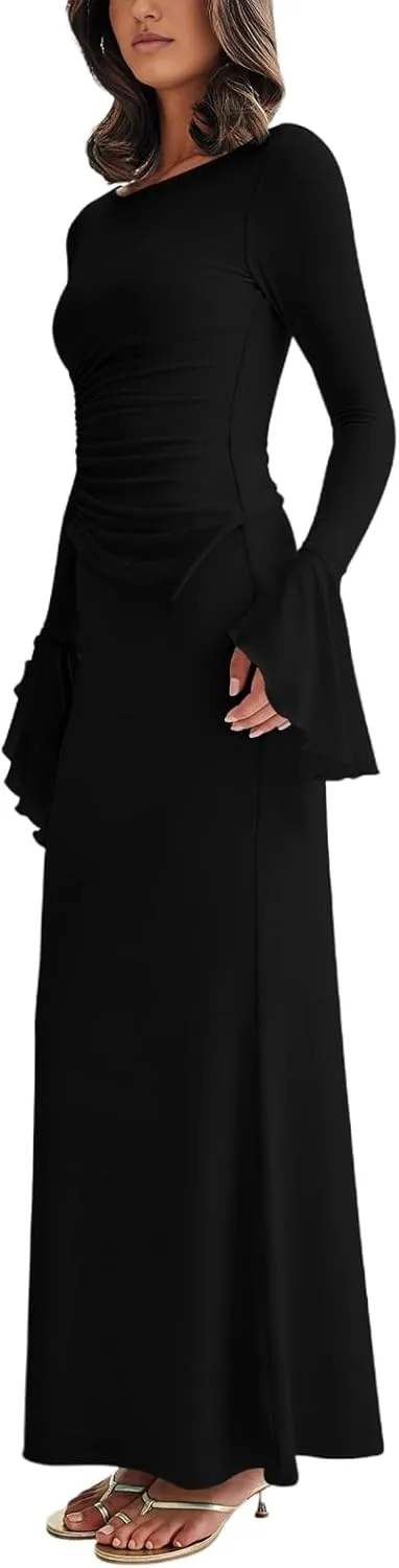 Lrady Womens 2 Piece Sets Long Sleeve Crewneck Cropped Top Slim High Waist Party Maxi Pencil Skirts Long Dress Outfits
