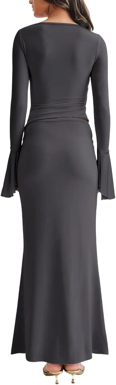 Lrady Womens 2 Piece Sets Long Sleeve Crewneck Cropped Top Slim High Waist Party Maxi Pencil Skirts Long Dress Outfits
