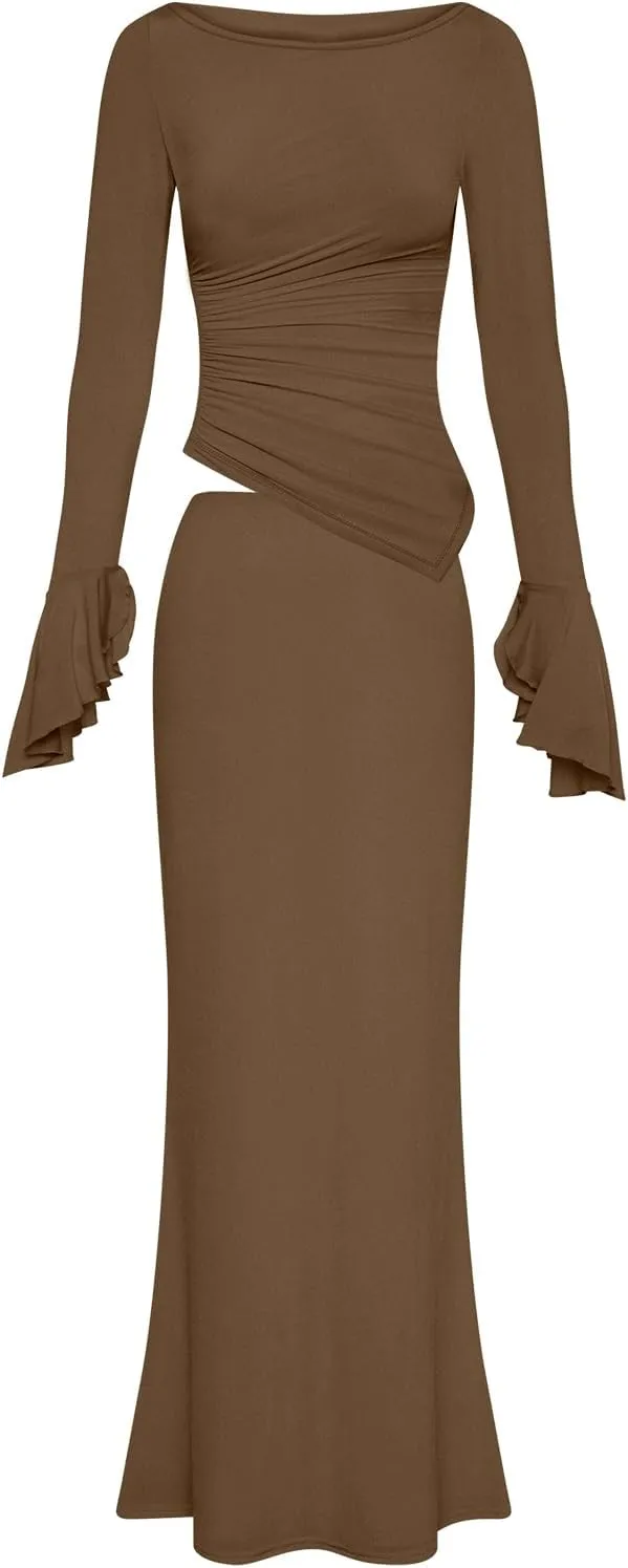 Lrady Womens 2 Piece Sets Long Sleeve Crewneck Cropped Top Slim High Waist Party Maxi Pencil Skirts Long Dress Outfits