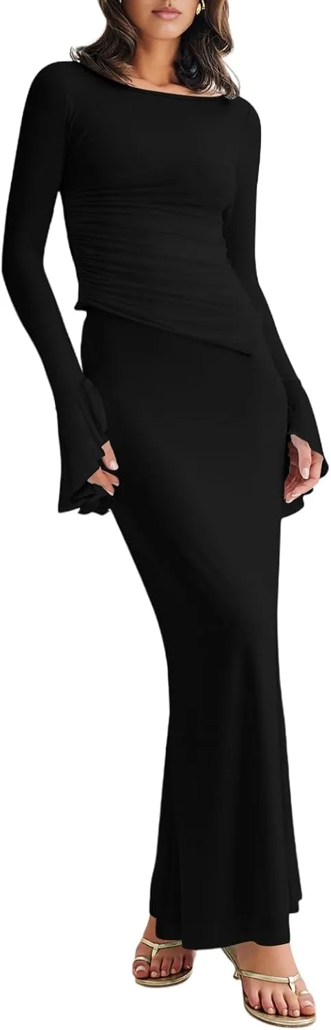 Lrady Womens 2 Piece Sets Long Sleeve Crewneck Cropped Top Slim High Waist Party Maxi Pencil Skirts Long Dress Outfits