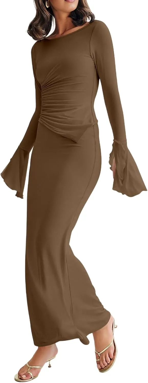 Lrady Womens 2 Piece Sets Long Sleeve Crewneck Cropped Top Slim High Waist Party Maxi Pencil Skirts Long Dress Outfits
