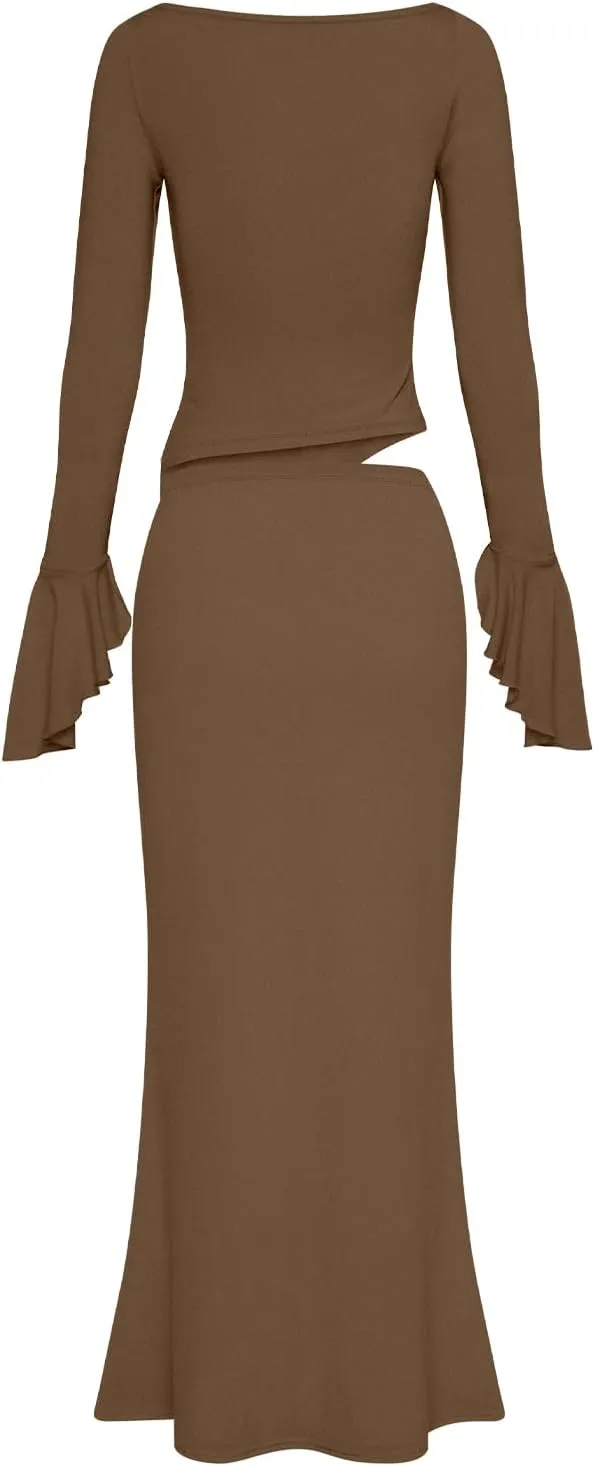 Lrady Womens 2 Piece Sets Long Sleeve Crewneck Cropped Top Slim High Waist Party Maxi Pencil Skirts Long Dress Outfits